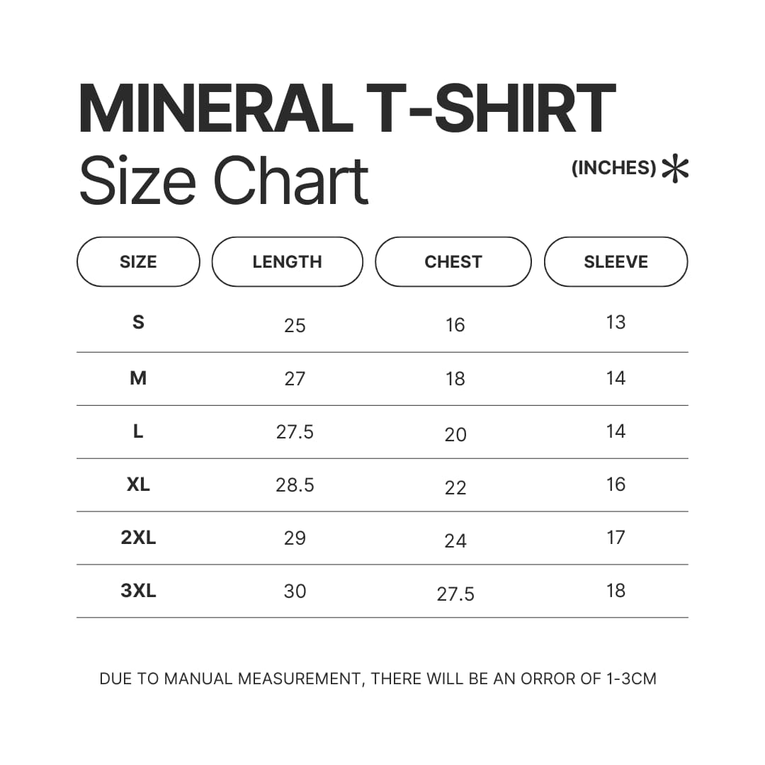 Mineral Wash T shirt Size Chart - Rurouni Kenshin Shop