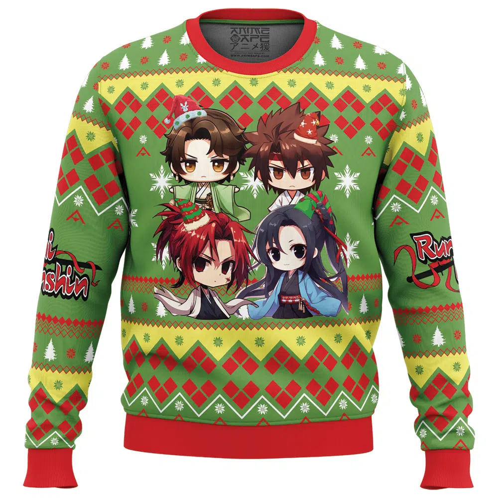 Chibi Christmas Rurouni Kenshin Samurai X Ugly Christmas Sweater FRONT mockup - Rurouni Kenshin Shop